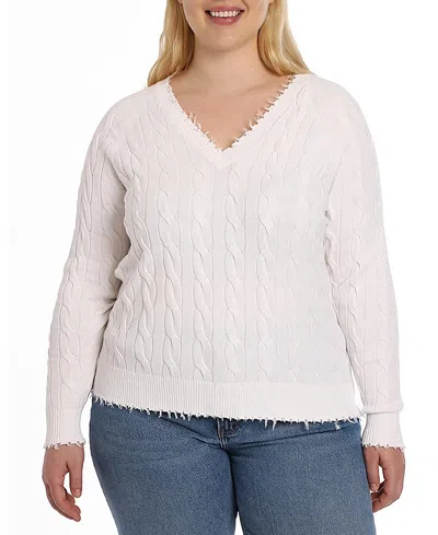 MINNIE ROSE PLUS SIZE COTTON FRAYED CABLE LONG SLEEVE V NECK SWEATER TOP