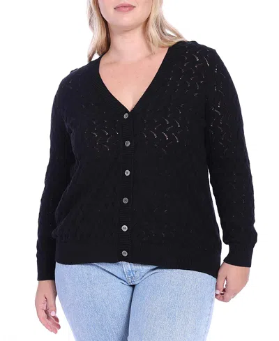 Minnie Rose Plus Size Pointelle Cotton-cashmere Cardigan In Black