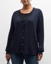 Minnie Rose Plus Size Cotton Frayed Cable Long Sleeve V Neck Sweater Top In Navy