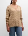 Minnie Rose Plus Size Frayed Cable-knit Sweater In Brown