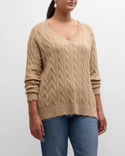 Minnie Rose Plus Size Frayed Cable-knit Sweater In Brown Sugar