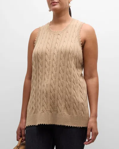 Minnie Rose Plus Size Frayed Cable-knit Tank In Brown Sugar