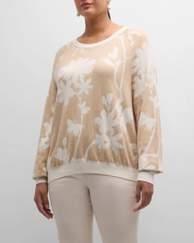 Minnie Rose Cotton Cashmere Long Sleeve Reversible Floral Crewneck Sweater In Brown Sugar Starch