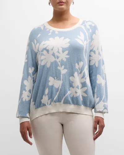 Minnie Rose Cotton Cashmere Long Sleeve Reversible Floral Crewneck Sweater In Fresco Blue/ Starch
