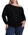 Minnie Rose Plus Size Viscose Sequin Off-the-shoulder Sweater In Black
