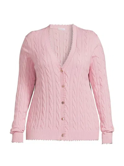 Minnie Rose, Plus Size Women's Frayed Cable-knit V-neck Cardigan In Pink