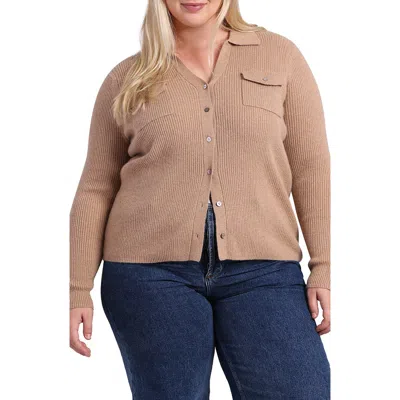 Minnie Rose Plus Size Ribbed Cashmere Button-down Shirt In Camel