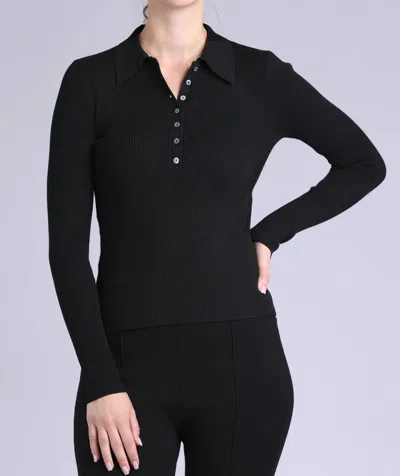Minnie Rose Ribbed Collared Henley Top In Black
