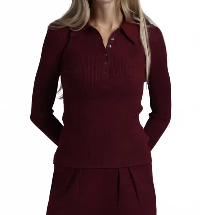 Minnie Rose Ribbed Collared Henley Top In Bordeaux In Burgundy