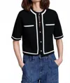 Minnie Rose Short Sleeve Tipped Cropped Jacket In Black/white In Black
