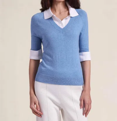Minnie Rose Short Sleeve V-neck With Collar Top In Cameo Blue