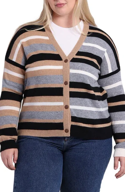 Minnie Rose Plus Size Striped Cashmere Cardigan In Neutral Combo