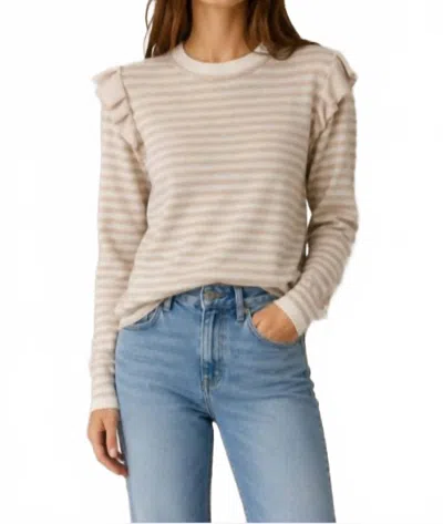 Minnie Rose Striped Crew Sweater With Ruffle In Brown Sugar
