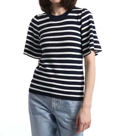 Minnie Rose Striped Flutter Sleeve Top In Navy/white In Multi