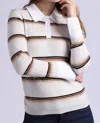 Minnie Rose Striped Long Sleeve Collared Polo In Fog Combo In Multi