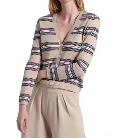 Minnie Rose Striped V Neck Cardigan In Brown Sugar Combo In Multi