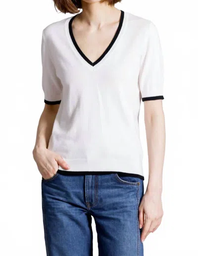 Minnie Rose Supima Cotton Cashmere Vneck Tee In White/black