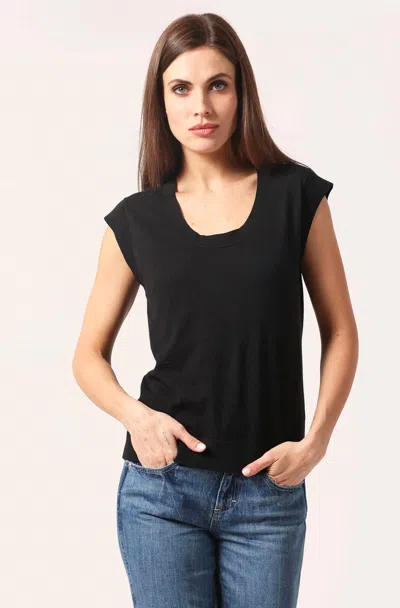 Minnie Rose Supima Scoop Neck Cap Sleeve Top In Black In Multi