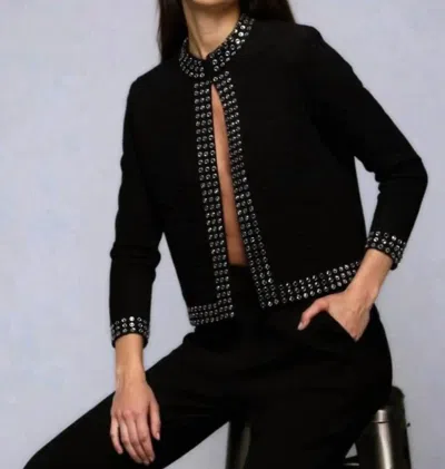 Minnie Rose Three Quarter Sleeve Jacket With Rhinestone Trim In Black