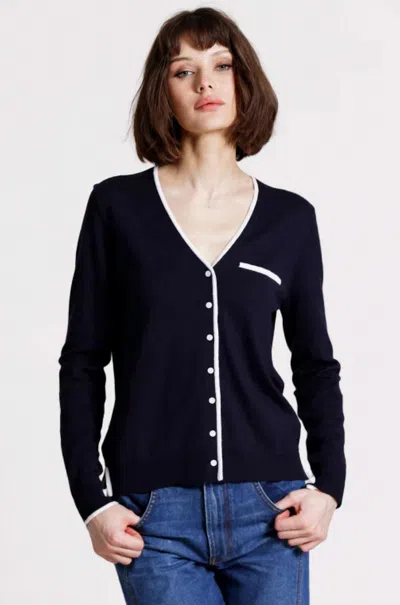Minnie Rose V Neck Long Sleeve Cardigan With Tipping In Navy In Blue