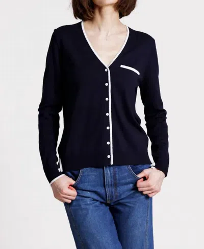Minnie Rose V Neck Long Sleeve Cardigan With Tipping In Navy In Blue