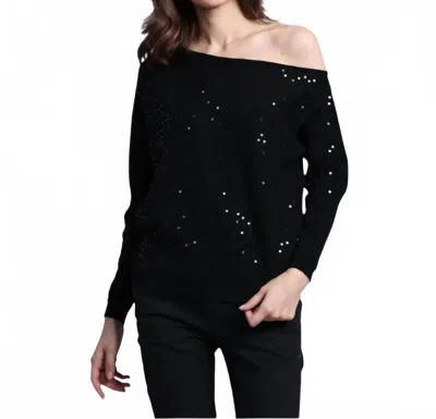 MINNIE ROSE VISCOSE SEQUIN OFF THE SHOULDER SWEATER IN BLACK