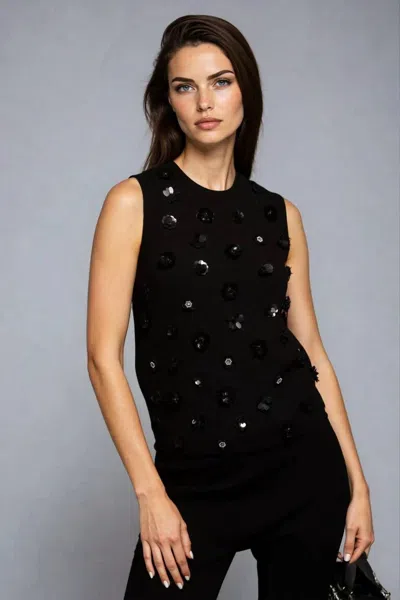 Minnie Rose Viscose Shell With Floral Sequin Applique Top In Black
