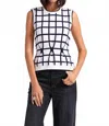 Minnie Rose Windowpane Pleat Top In White/navy In Multi