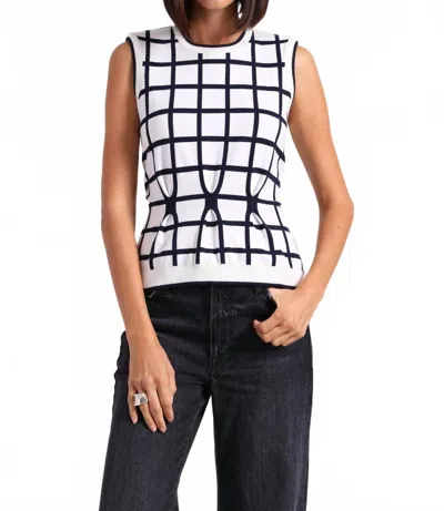 MINNIE ROSE VISCOSE WINDOWPANE PLEATED SLEEVELESS TOP IN WHITE/NAVY