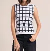 Minnie Rose Windowpane Pleat Top In White/navy In Multi