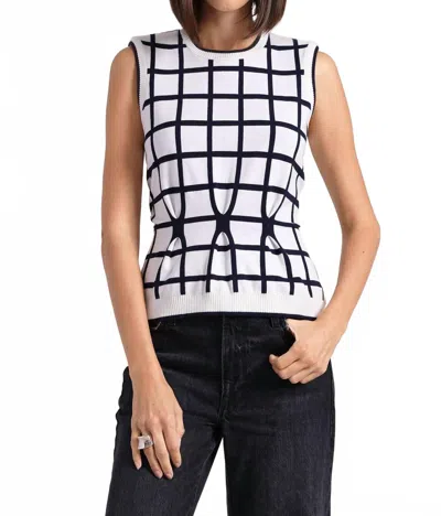 MINNIE ROSE WINDOWPANE PLEATED SLEEVELESS TOP IN WHITE/NAVY