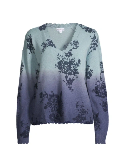 Minnie Rose Women's Cashmere Ombré Floral V-neck Sweater In Fresco Blue Combo