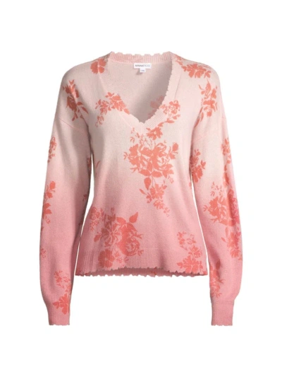 Minnie Rose Women's Cashmere Ombré Floral V-neck Jumper In Pink Pearl Combo