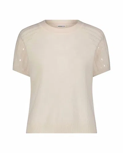 Minnie Rose Women's Cashmere Raglan Crew Tee With Sequined Sleeves In Winter White
