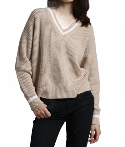 Minnie Rose Women's Cotton Cashmere Shaker Relaxed V Neck Top In Brn/w In Gray