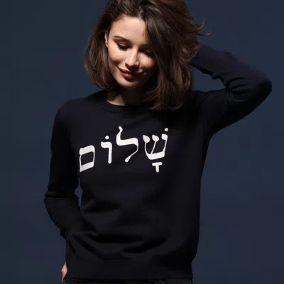 Minnie Rose Women's Cotton Cashmere "shalom" Embroidered Crew Sweater In Black