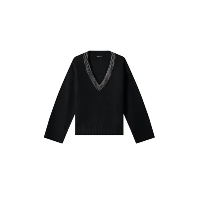 Minnie Rose Women's Embellished V-neck Sweater In Black