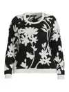 Minnie Rose Cotton Cashmere Long Sleeve Reversible Floral Crewneck Sweater In Black Starch