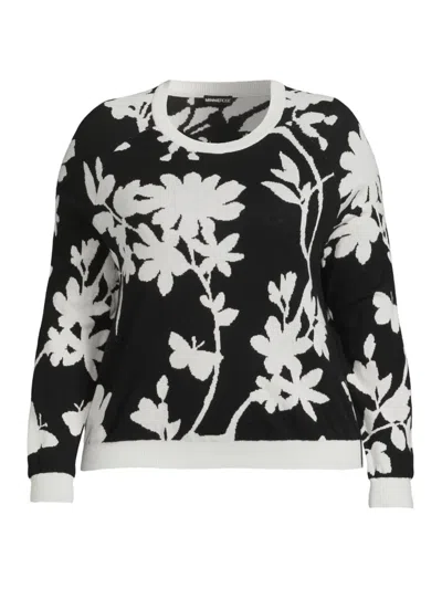 Minnie Rose Plus Size Reversible Floral Intarsia Sweater In Black Starch