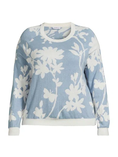 Minnie Rose Plus Size Cotton Blend Long Sleeve Reversible Floral Crew Sweater In Fresco Blue Starch