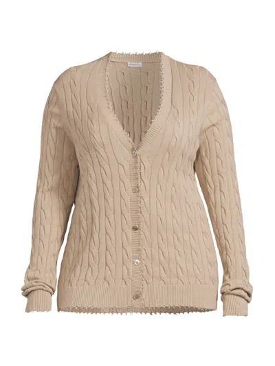 Minnie Rose Women's Frayed Cable-knit V-neck Cardigan In Brown Sugar