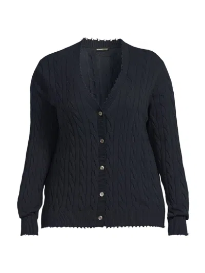 Minnie Rose Women's Frayed Cable-knit V-neck Cardigan In Navy