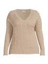 Minnie Rose Women's Frayed Cable-knit V-neck Sweater In Brown Sugar