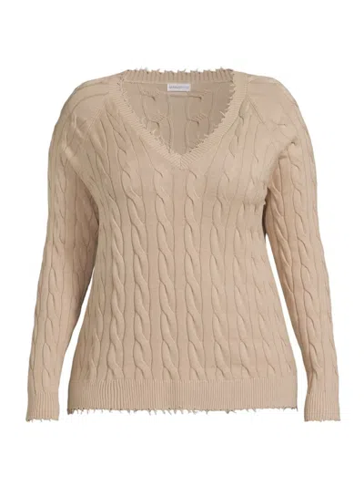 Minnie Rose Women's Frayed Cable-knit V-neck Jumper In Brown Sugar
