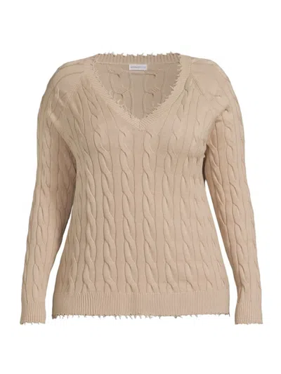 Minnie Rose Women's Frayed Cable-knit V-neck Sweater In Brown Sugar