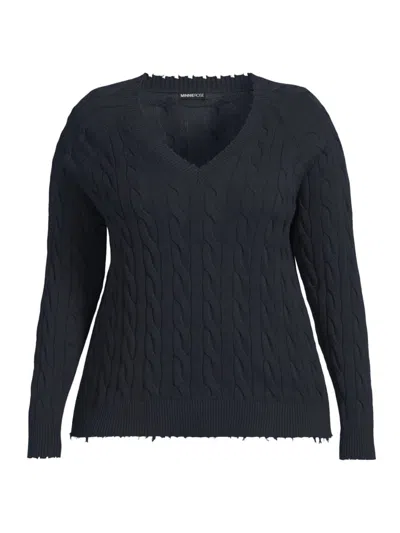 Minnie Rose Women's Frayed Cable-knit V-neck Jumper In Navy