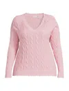 Minnie Rose Women's Frayed Cable-knit V-neck Sweater In Pink