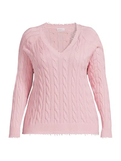 Minnie Rose Women's Frayed Cable-knit V-neck Sweater In Pink