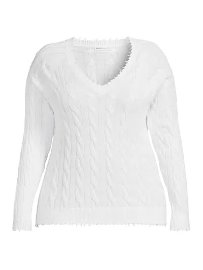 Minnie Rose Women's Frayed Cable-knit V-neck Sweater In White