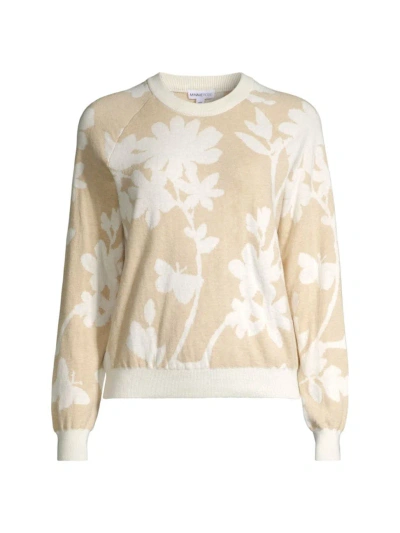 Minnie Rose Cotton Cashmere Long Sleeve Reversible Floral Crewneck Sweater In Brown
